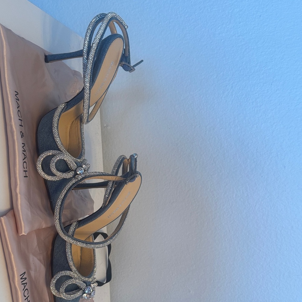 MACH & MACH Denim and Silver Bow Heels - Picture 9 of 9